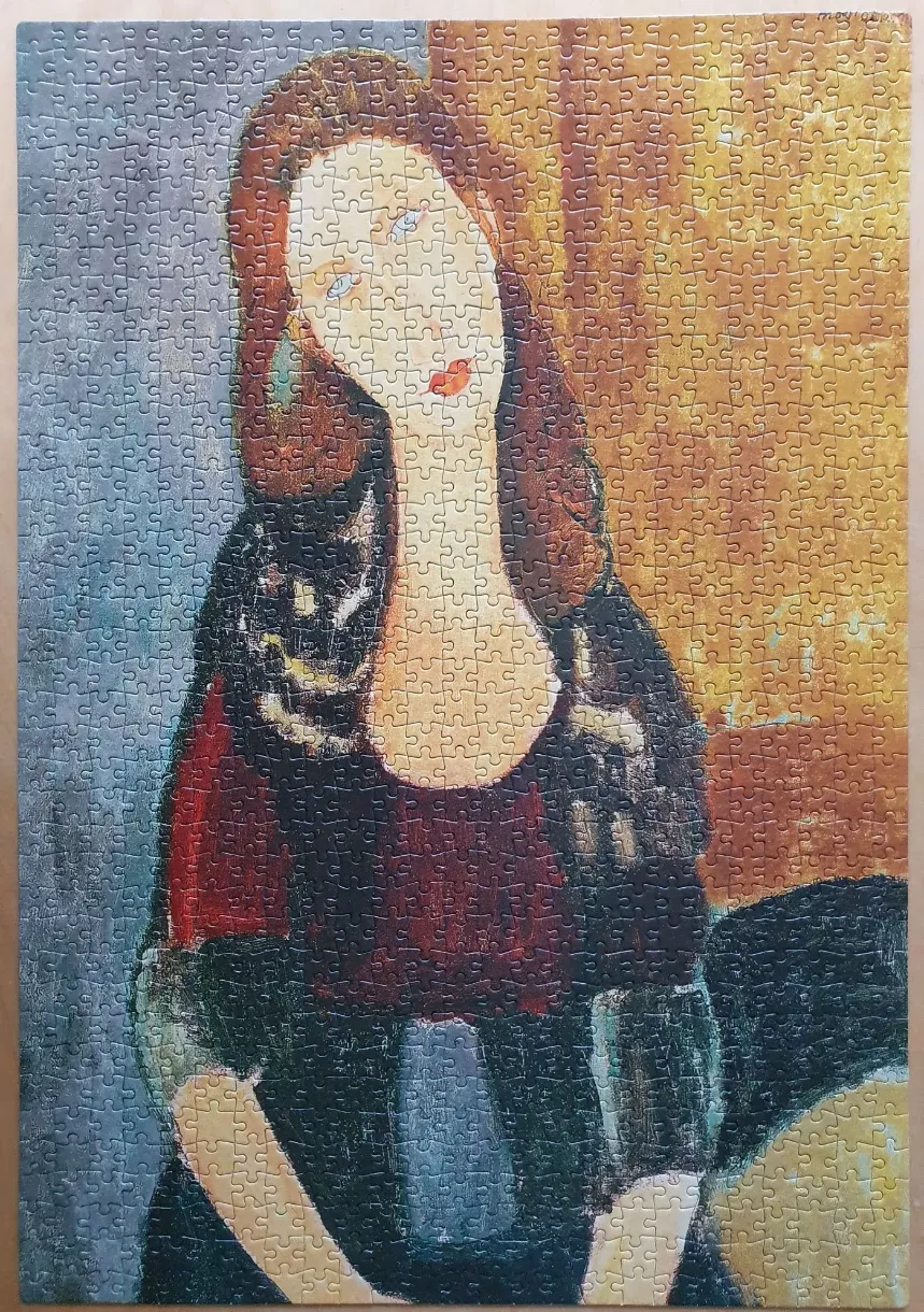 A stylized portrait of a woman with an elongated neck and reddish-brown hair in a Modigliani-inspired art style.