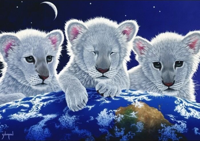 Three fluffy white lion cubs perched atop a globe against a dark blue starry sky.