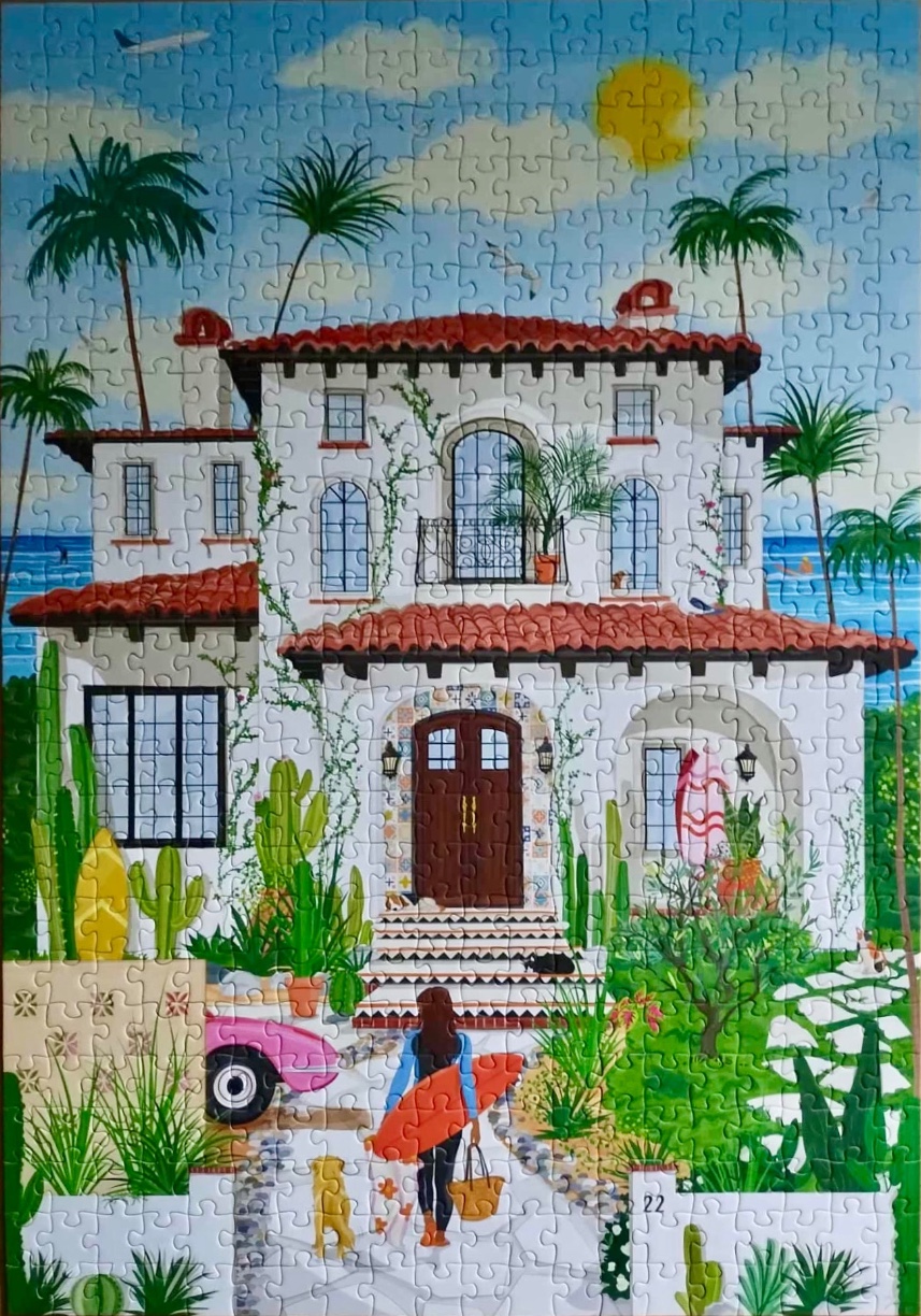 Illustration of a Spanish-style beach house with a woman carrying a surfboard in the foreground