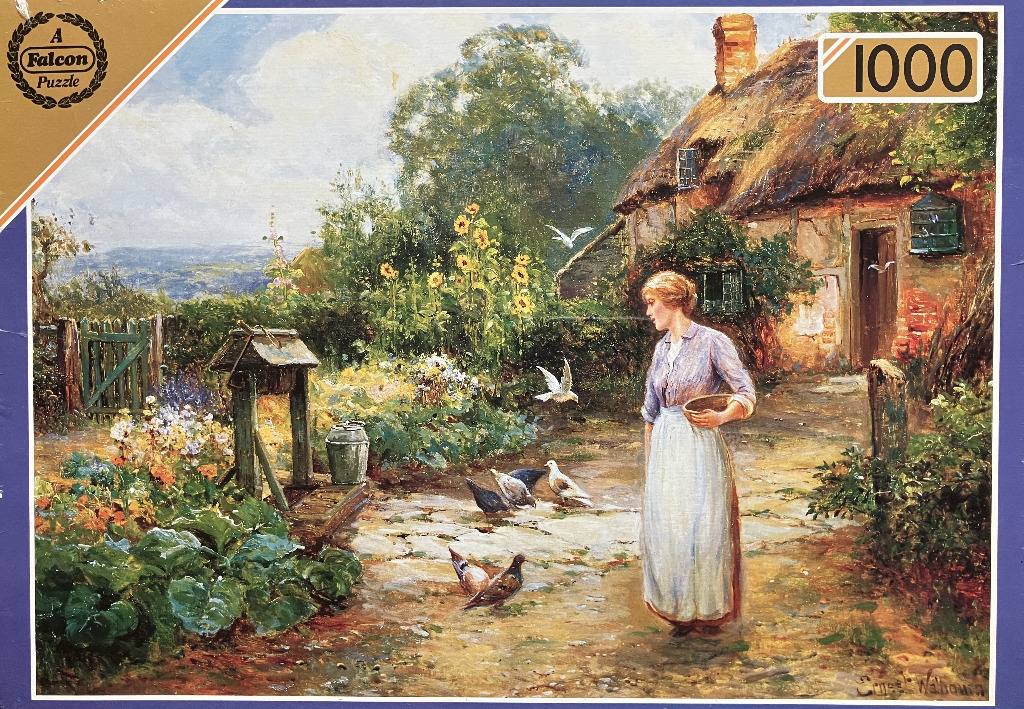 A pastoral oil painting of a woman feeding pigeons in a cottage garden.