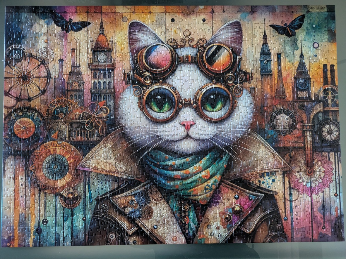 Steampunk style illustration of a white cat wearing goggles and a coat against a Victorian cityscape background.