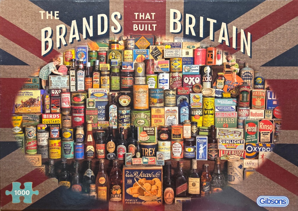 A collage of vintage British product packaging arranged against a Union Jack backdrop.