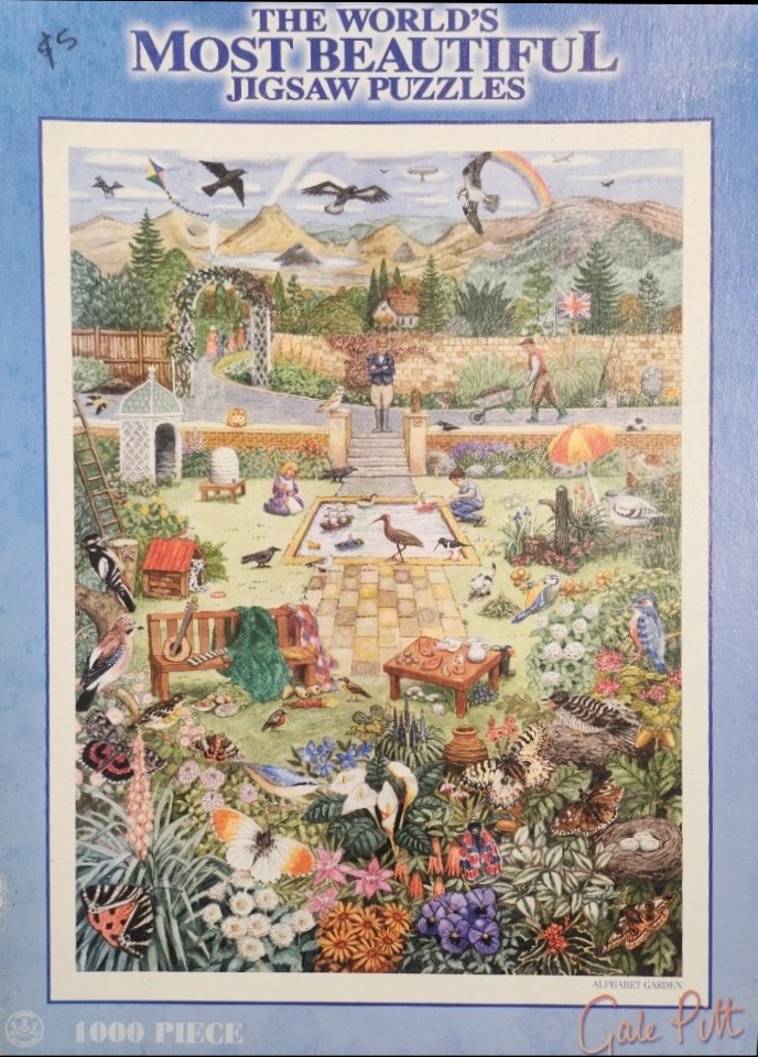 A vibrant, detailed illustration of a bustling garden scene filled with birds, flowers, and activity.