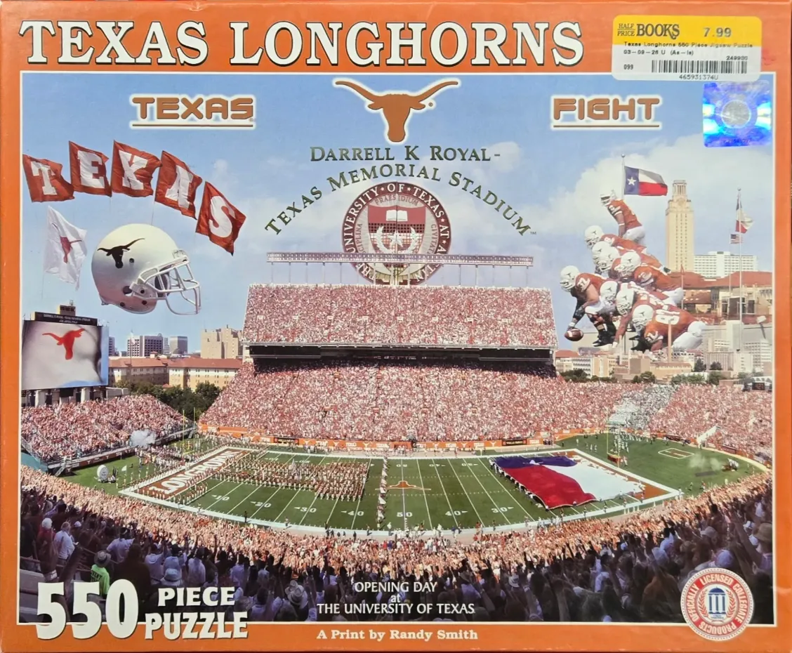 A panoramic view of Darrell K Royal-Texas Memorial Stadium on a sunny day with football-themed graphics.