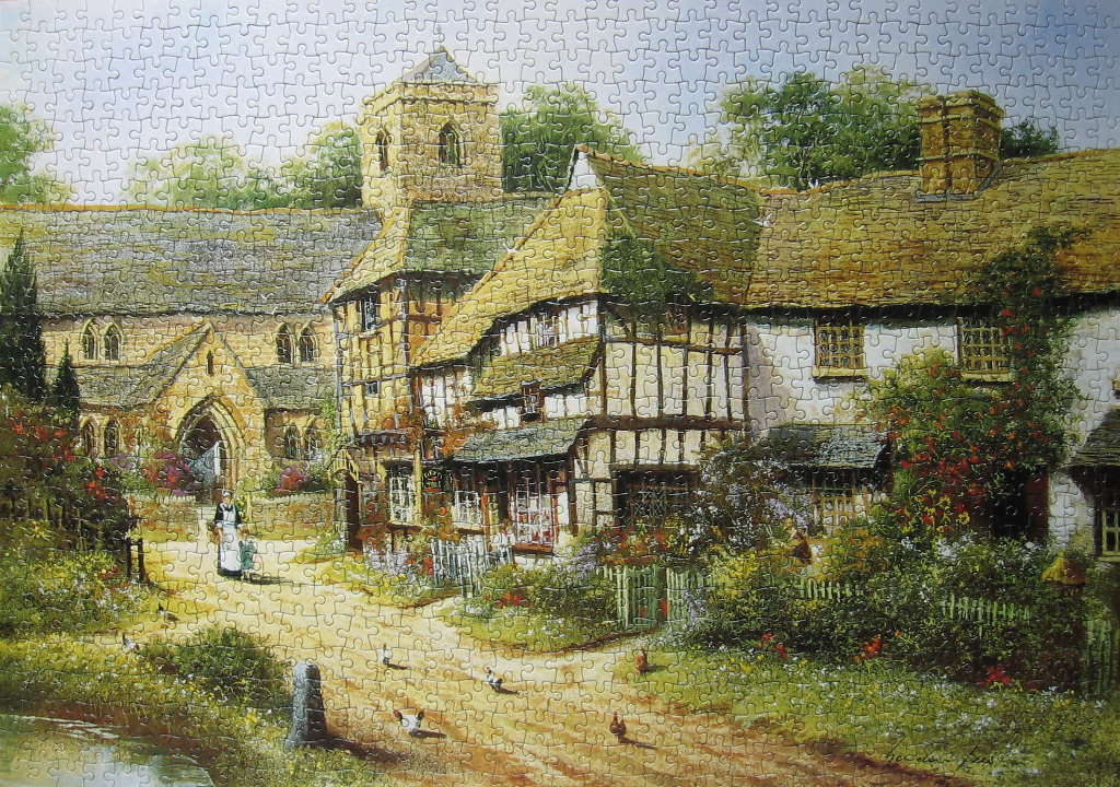 A nostalgic painting of an English village scene with an old stone church and half-timbered cottages.