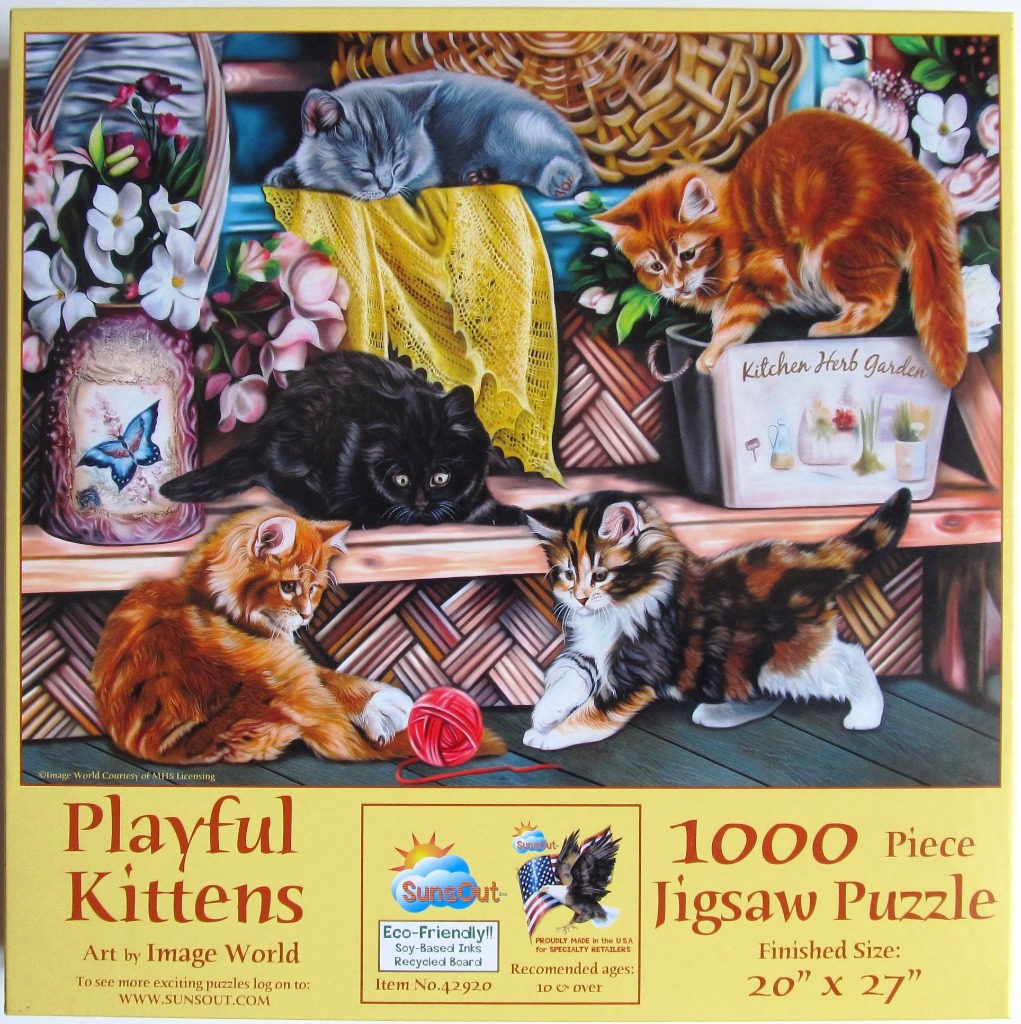 An illustration of five kittens playing in a garden setting surrounded by flowers, baskets, and a ball of yarn.