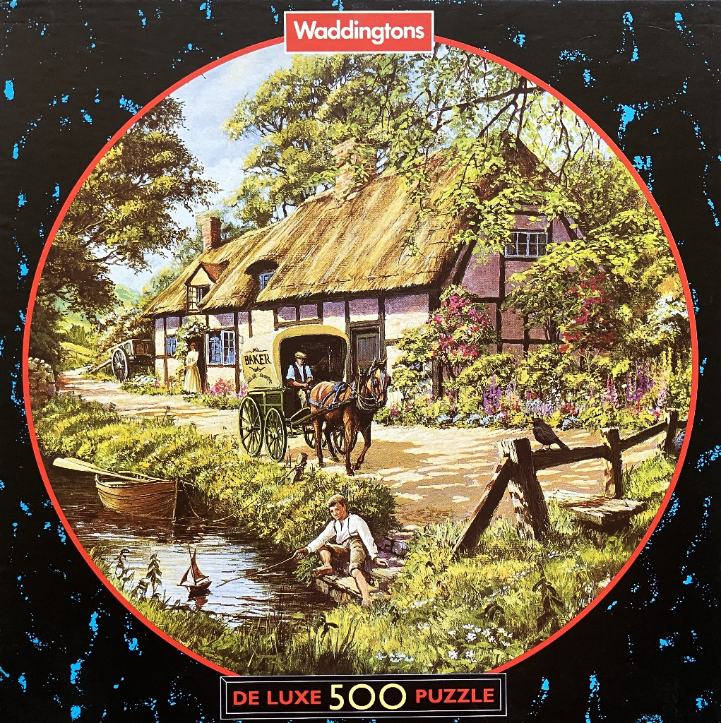 A countryside scene featuring a thatched cottage, a horse-drawn baker