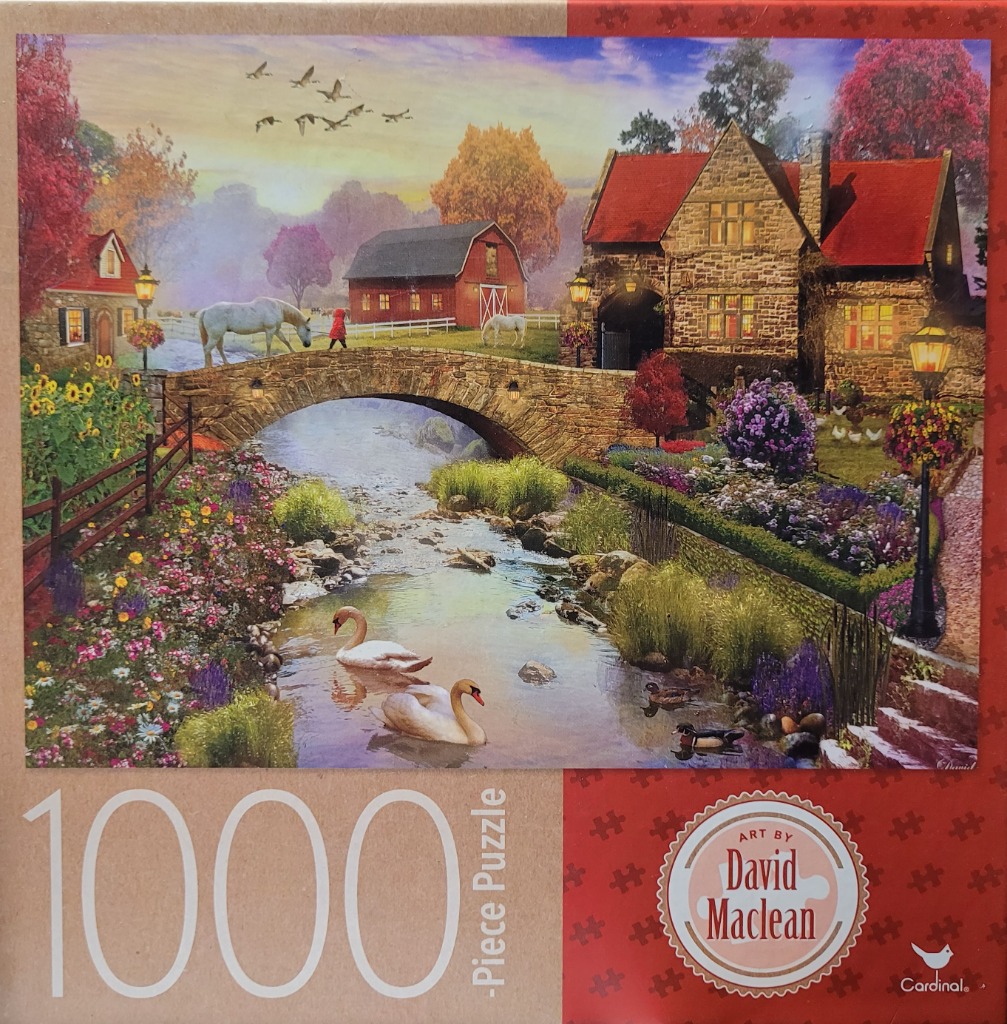 A peaceful landscape featuring a stone bridge over a stream, swans, a barn, and a cottage at sunset.