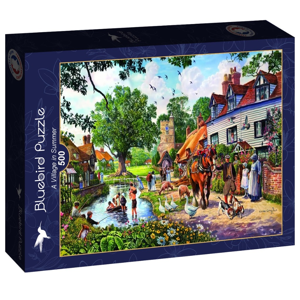 A nostalgic painting of a bustling English village scene in summer, featuring a horse-drawn cart and a stream with children.
