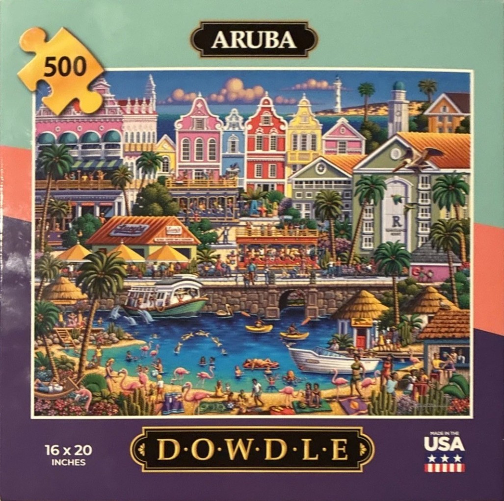Folk art illustration of a colorful Aruban waterfront scene with Dutch colonial architecture, boats, and a beach.