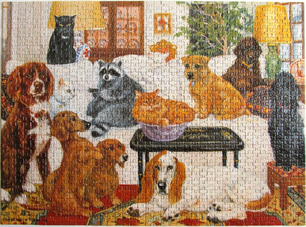 A warm, illustrative indoor scene featuring a large gathering of dogs, cats, and a raccoon in a cozy living room.