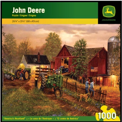 A nostalgic rural farm scene at sunset with vintage green tractors, red barns, and farmers working.