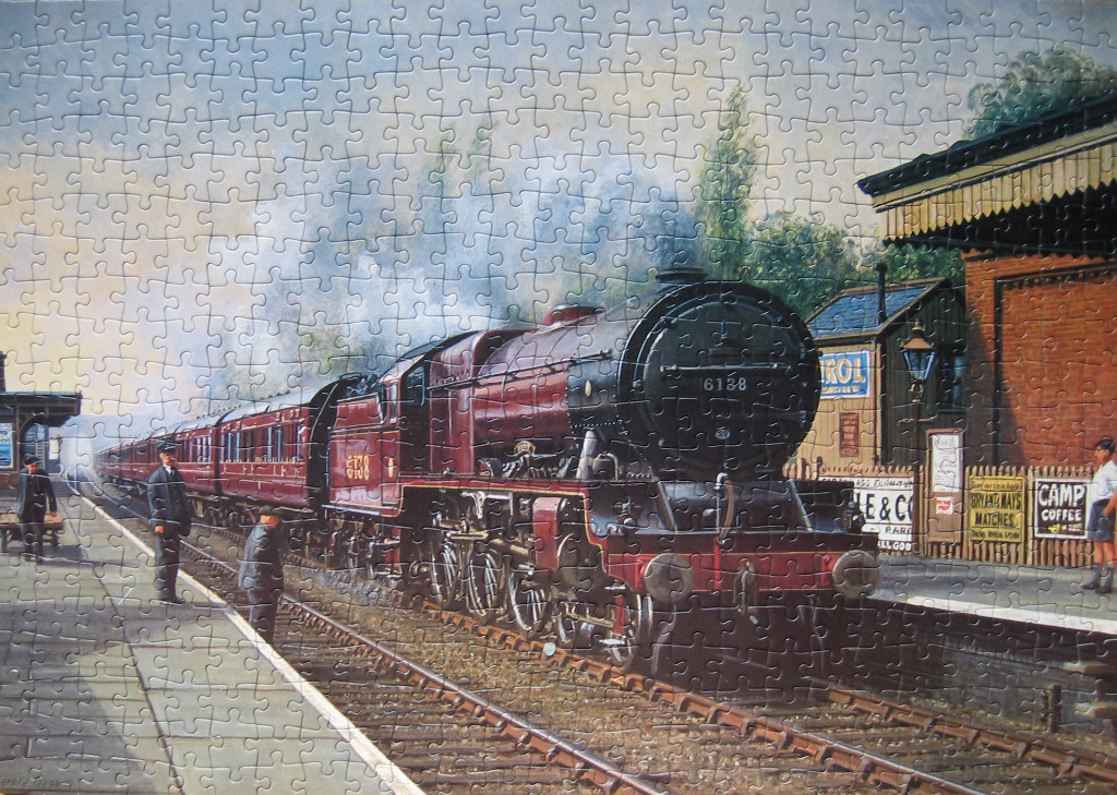 An oil painting of a maroon steam locomotive stopped at a Victorian-era railway station platform.