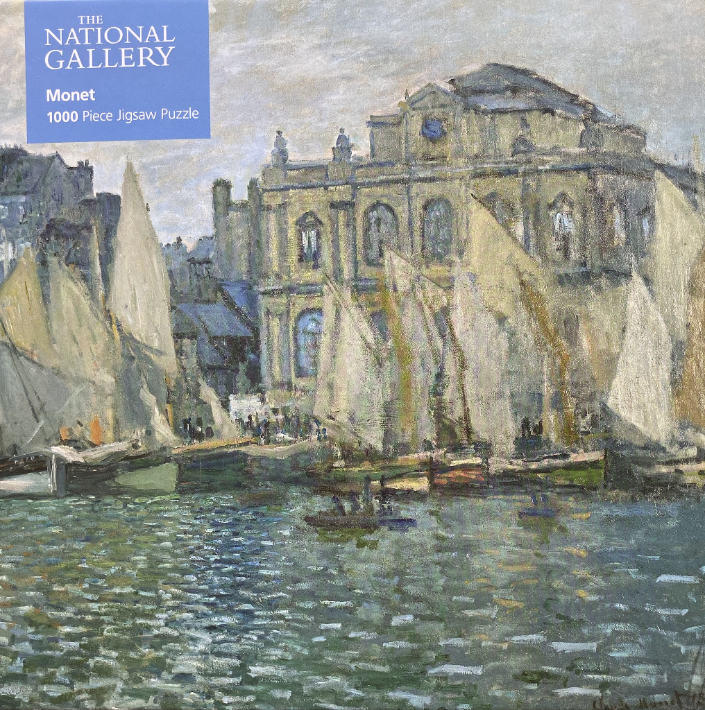 Impressionist painting of boats docked in a harbor before a large stone building.