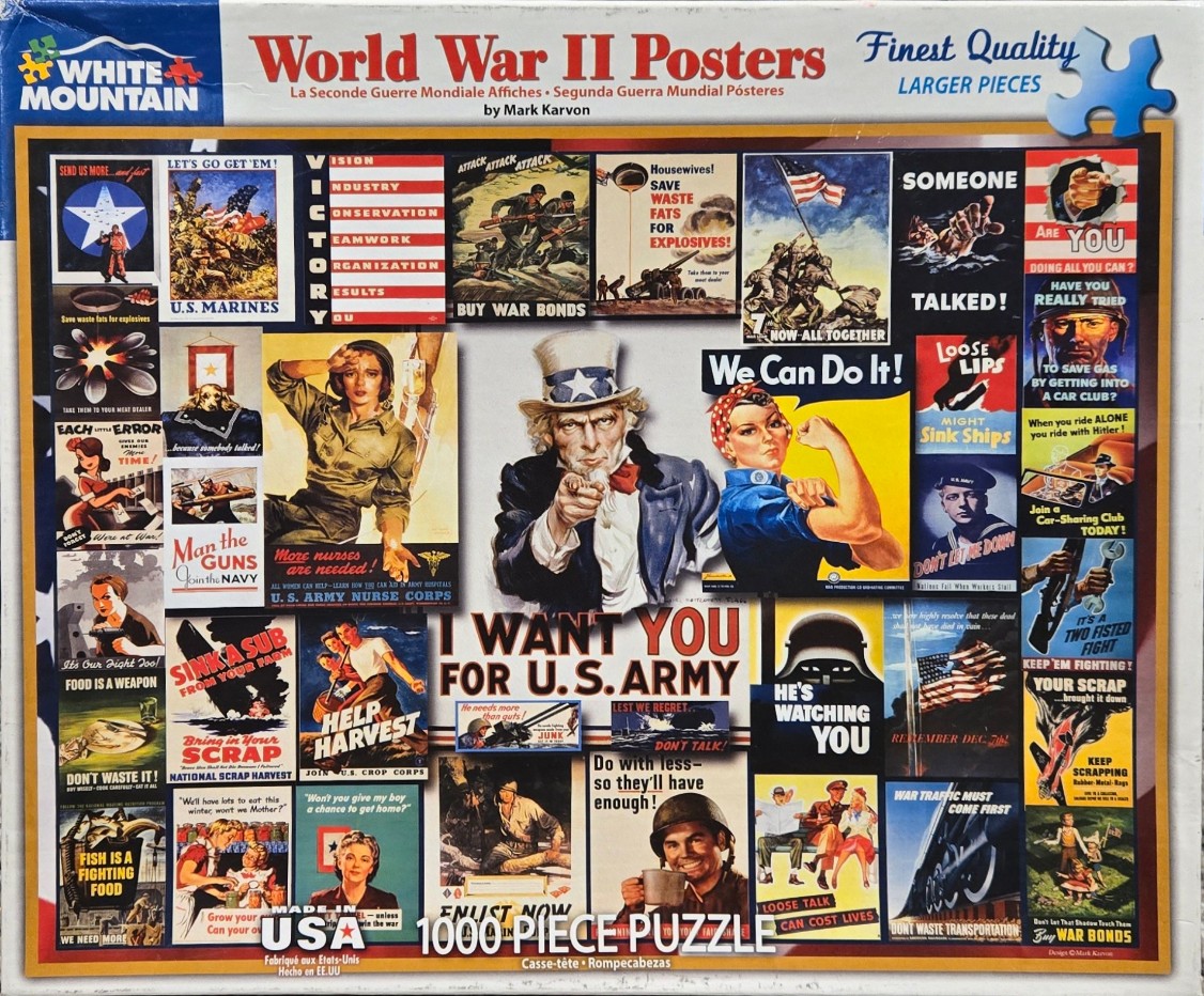 A collage of various vintage World War II propaganda posters featuring iconic American imagery and patriotic themes.