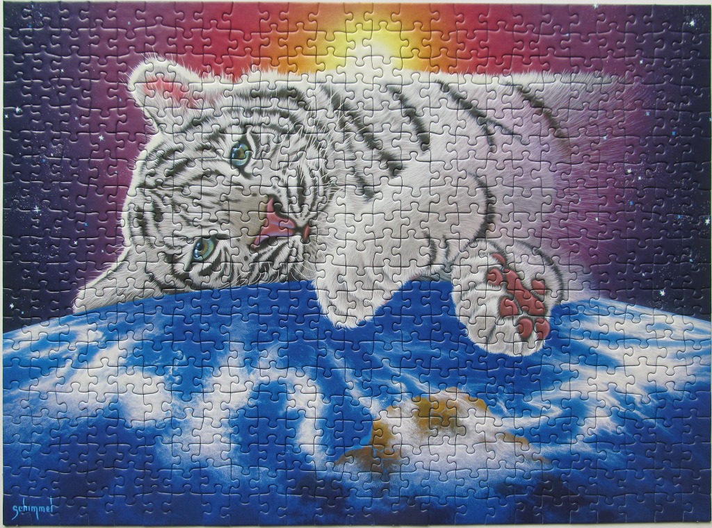 An illustration of a white tiger resting its paws on the planet Earth against a starry space background.