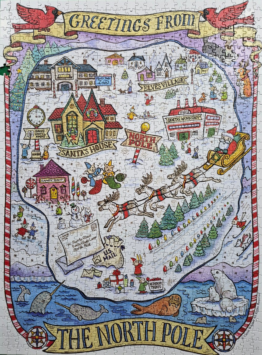A whimsical map illustration of the North Pole, featuring Santa
