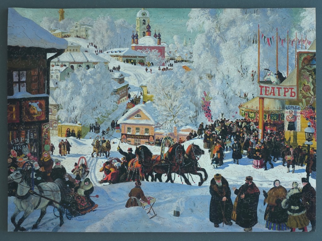 A lively Russian winter festival scene with horse-drawn carriages and crowds in front of a theater.