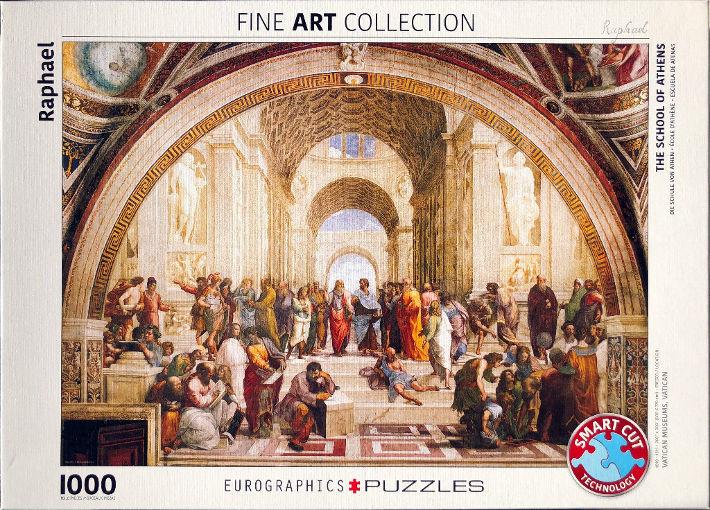 The School of Athens fresco by Raphael showing numerous philosophers in a grand classical hall.