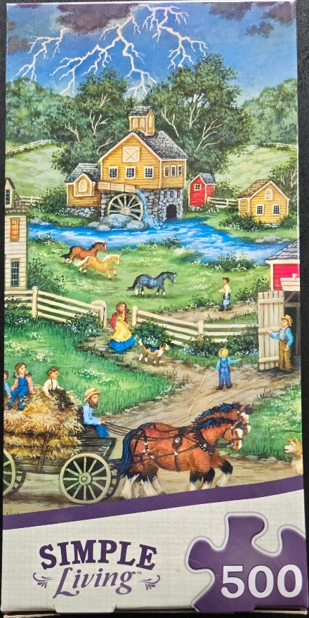 A countryside illustration featuring a water mill, horses, and children during a storm.