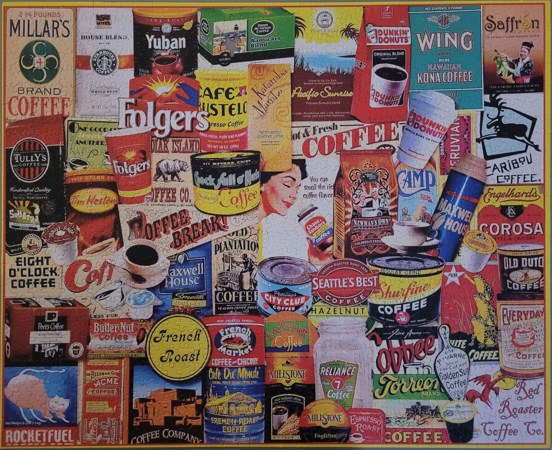 A vibrant collage featuring numerous vintage and modern coffee brand advertisements, tins, and logos.