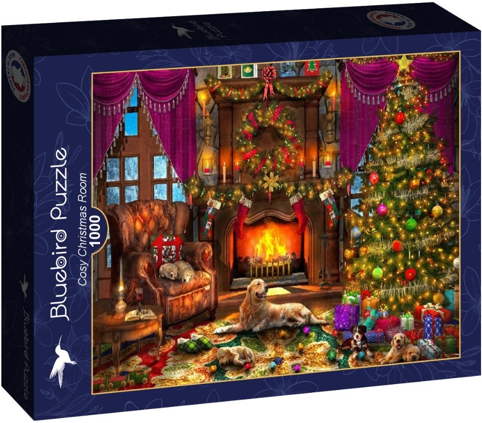A cozy Christmas living room scene with a fireplace, decorated tree, and several dogs relaxing on a rug.