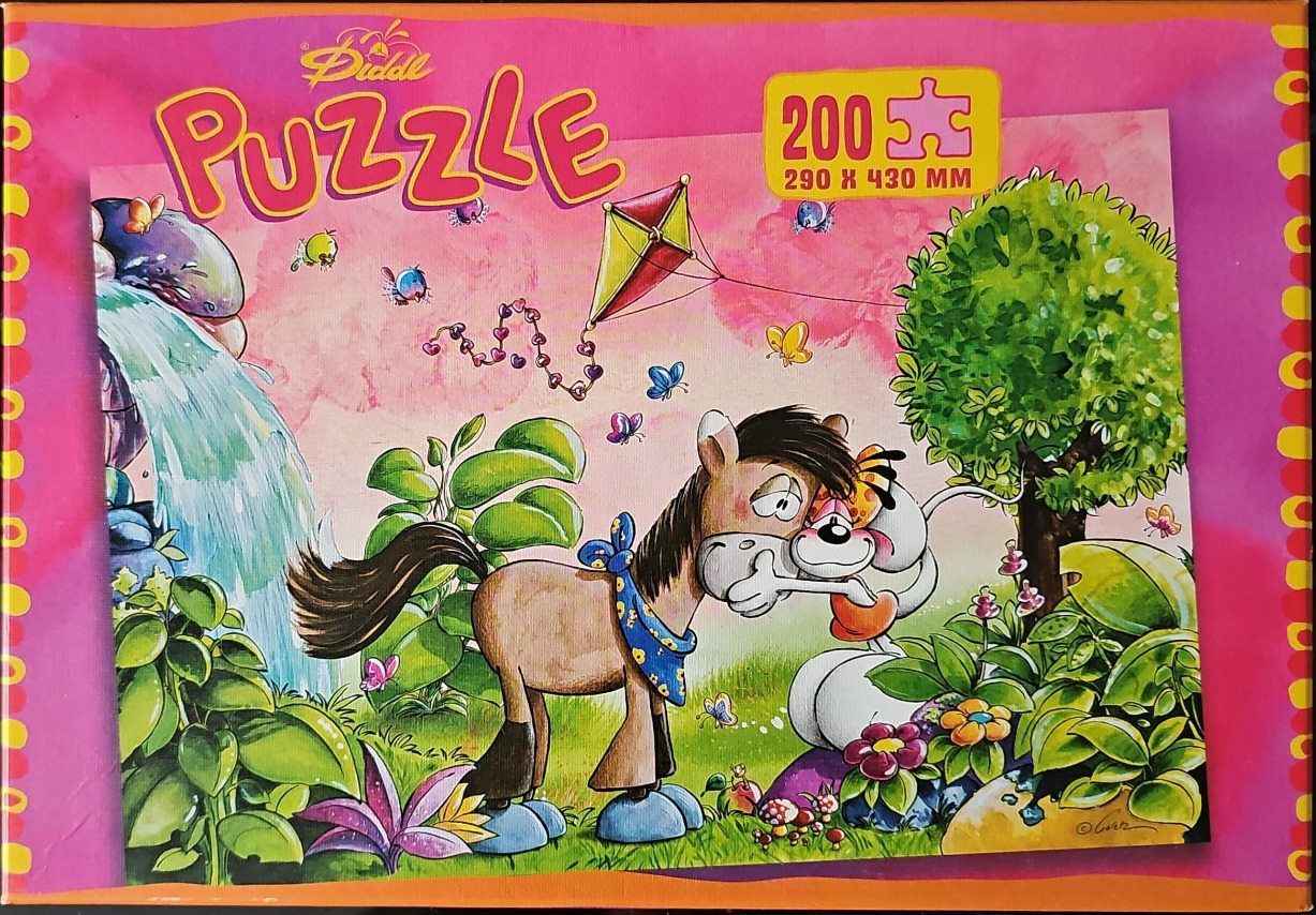 Cartoon illustration of a brown pony and a white mouse character embracing in a vibrant, colorful garden setting.