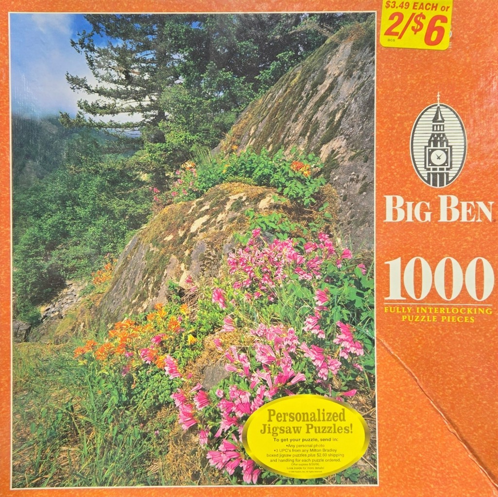 A lush mountain landscape featuring bright pink and orange wildflowers blooming against a craggy rock face.