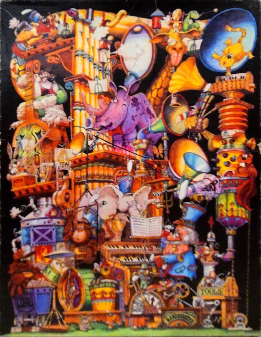 Whimsical, dense illustration of a complex, steam-powered musical contraption operated by anthropomorphic animals.