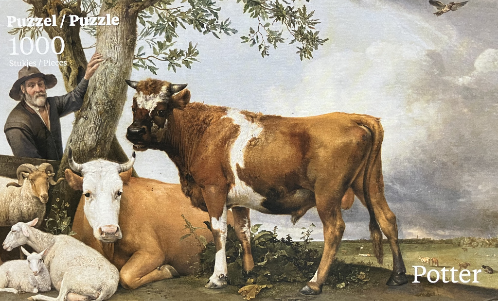 A 17th-century style oil painting featuring a herdsman, a bull, a cow, sheep, and a lamb in a pastoral landscape.