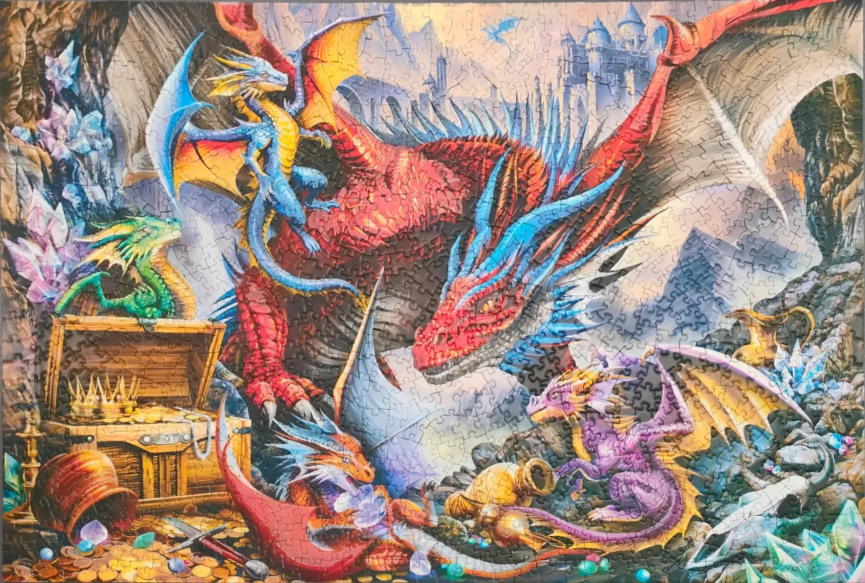 Fantasy illustration of a large red dragon surrounded by smaller dragons in a treasure-filled cave with a distant castle.