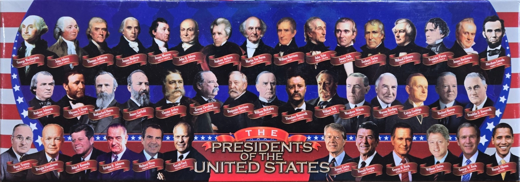A chronological portrait montage of all United States Presidents through Barack Obama set against a patriotic background.