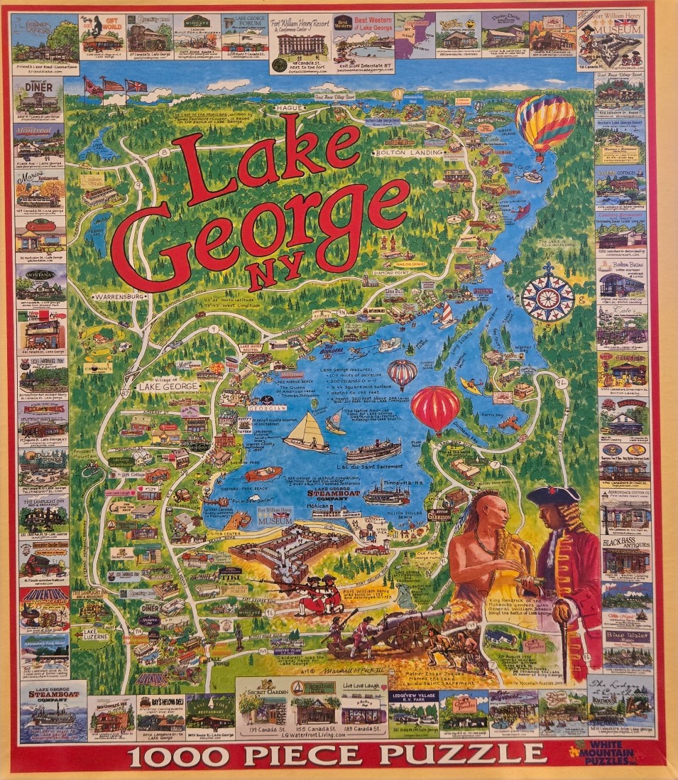 Illustrated pictorial map of Lake George, New York, with surrounding vignettes of local businesses and historic figures.