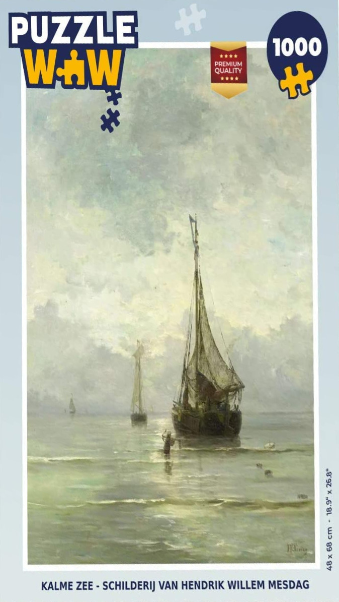 Oil painting of sailboats on a calm sea under a cloudy sky by Hendrik Willem Mesdag.