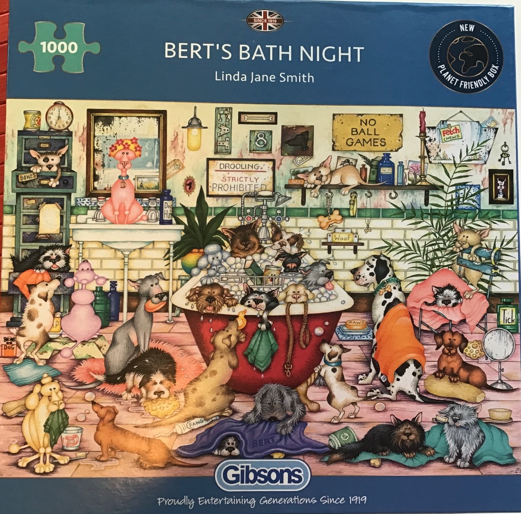 Cartoon illustration of a busy, dog-filled bathroom scene.