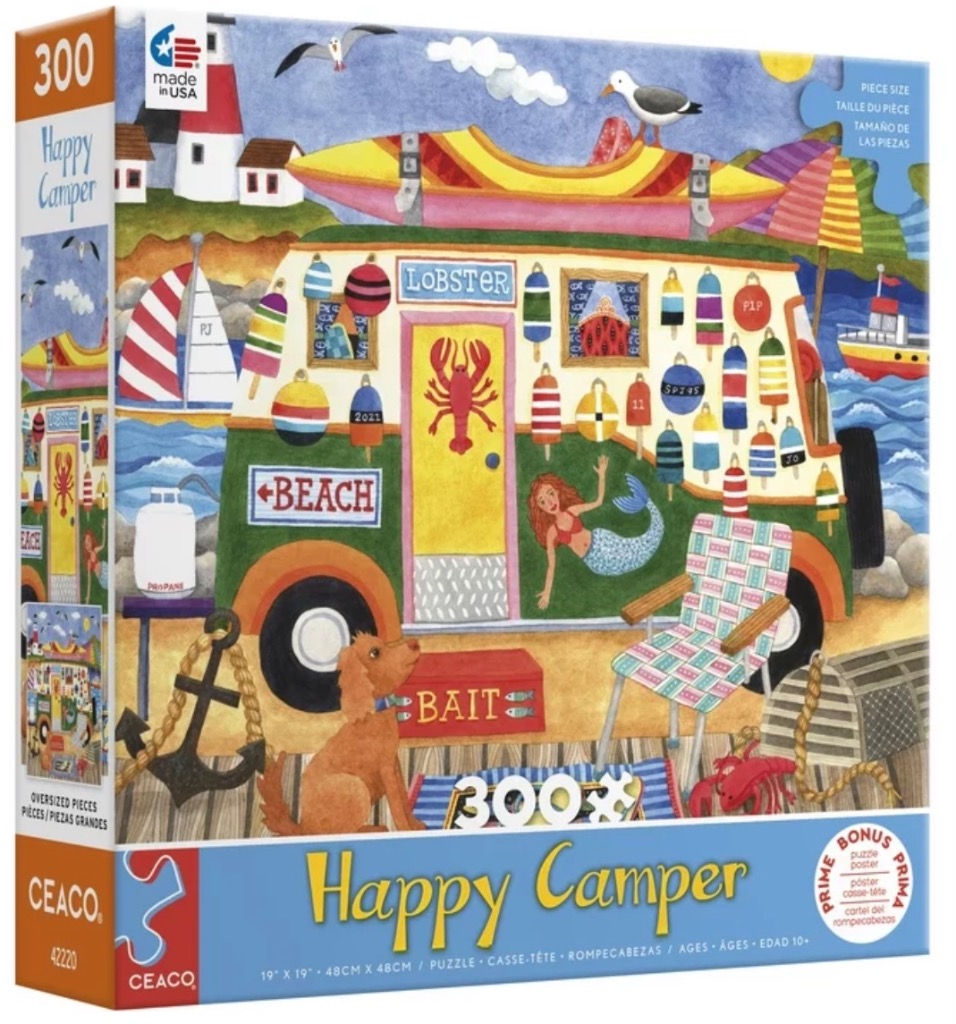 A whimsical illustration of a camper van decorated with lobster and nautical motifs parked by the sea.