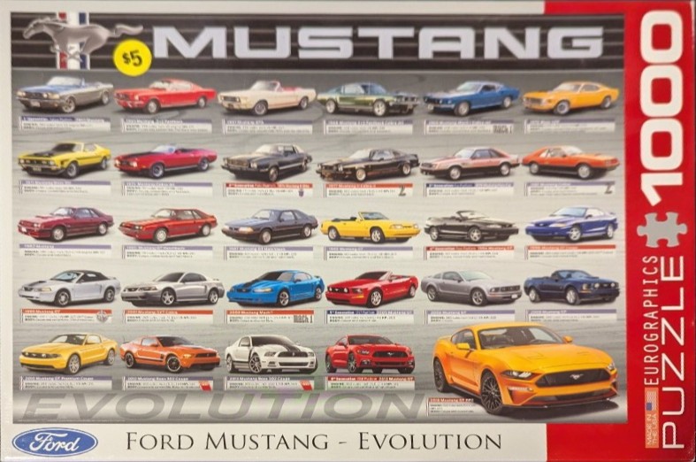 A collage of 30 different Ford Mustang car models arranged in a grid chronological order.
