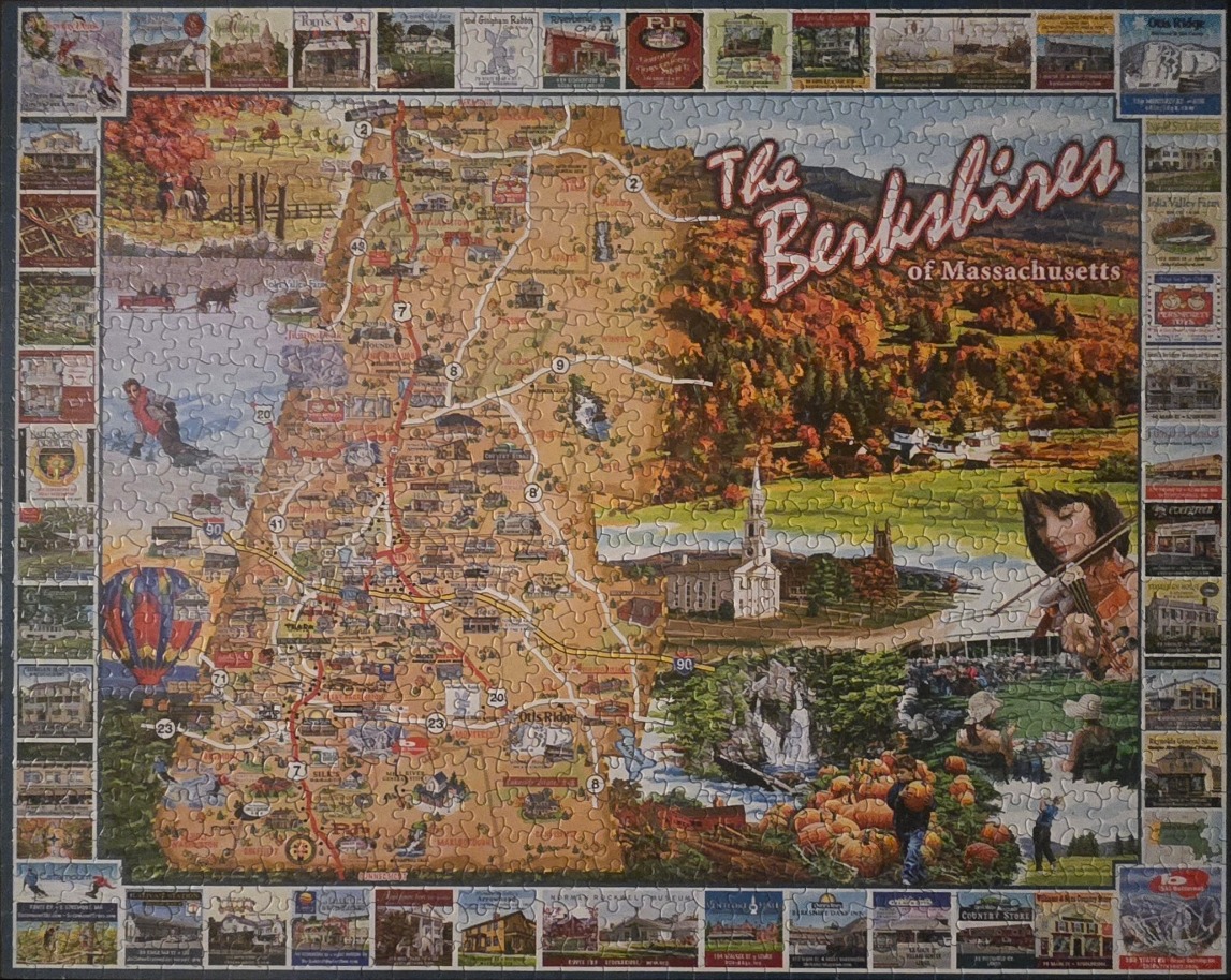 An illustrated map of The Berkshires region in Massachusetts framed by small vignettes of local landmarks.