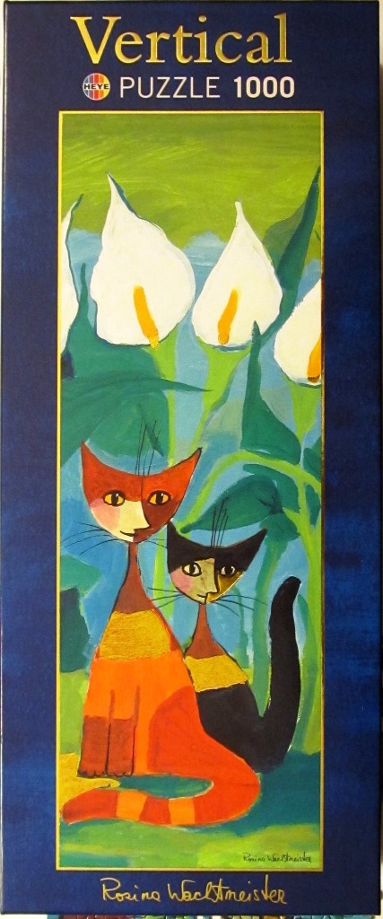 Stylized painting of two cats sitting in front of large white calla lilies by Rosina Wachtmeister.