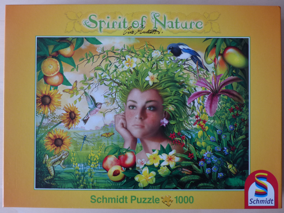 Fantasy illustration of a nature spirit surrounded by vibrant flora, fruits, birds, and insects.
