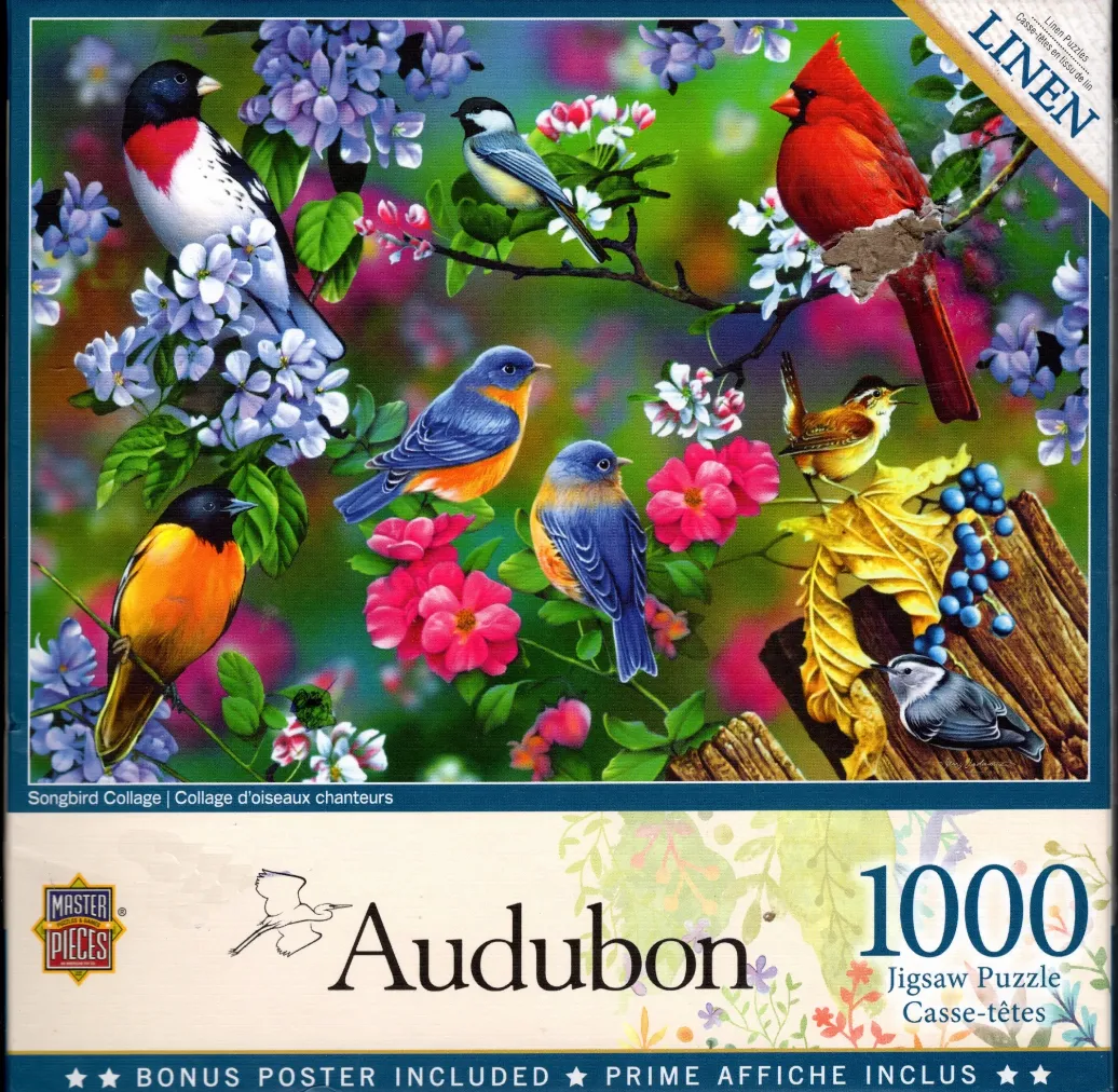 A collage of various colorful songbirds perched among flowering branches and foliage.