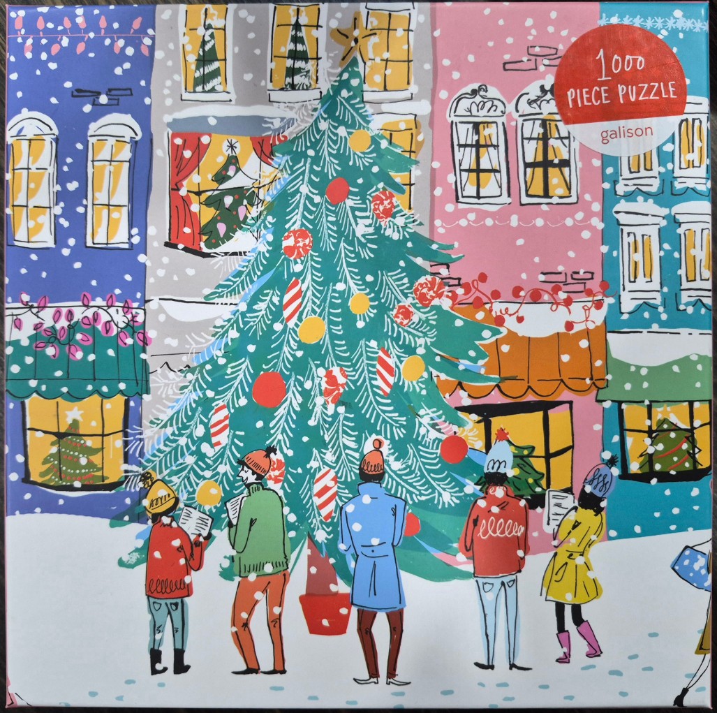 Illustration of carolers standing in front of a large, decorated Christmas tree in a snowy city square.