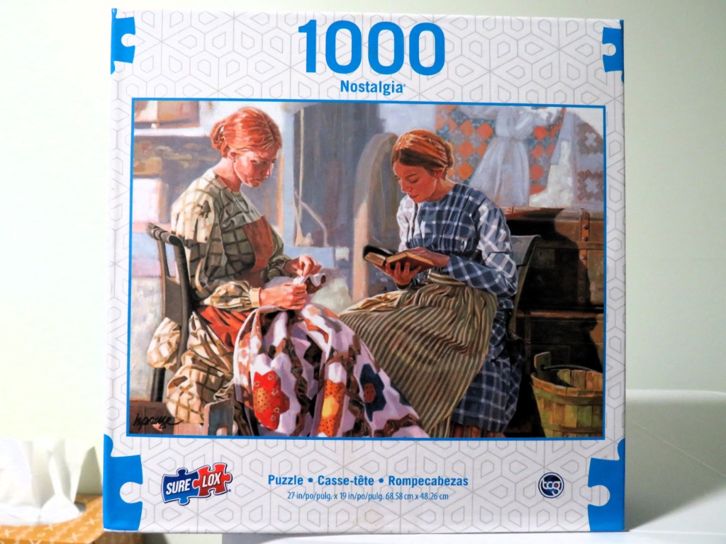 Two women sewing and reading in a vintage room.