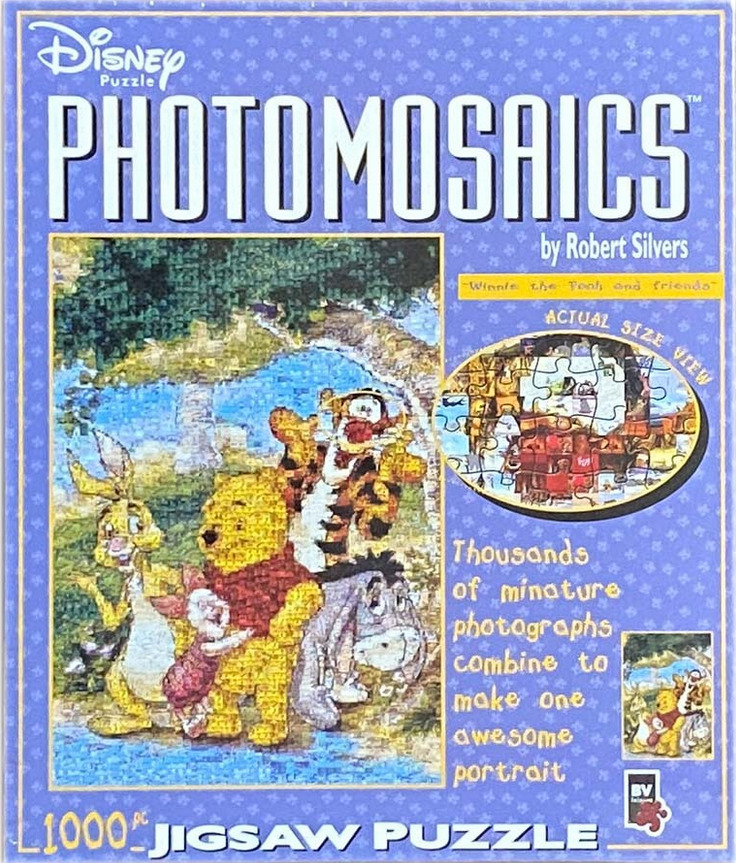 A photomosaic image of Winnie the Pooh, Tigger, Piglet, Rabbit, and Eeyore against a light blue background.