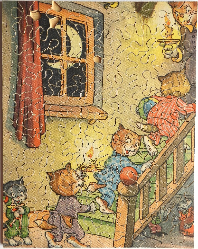 Vintage illustration of anthropomorphic cats in pajamas climbing a staircase at night with candles.
