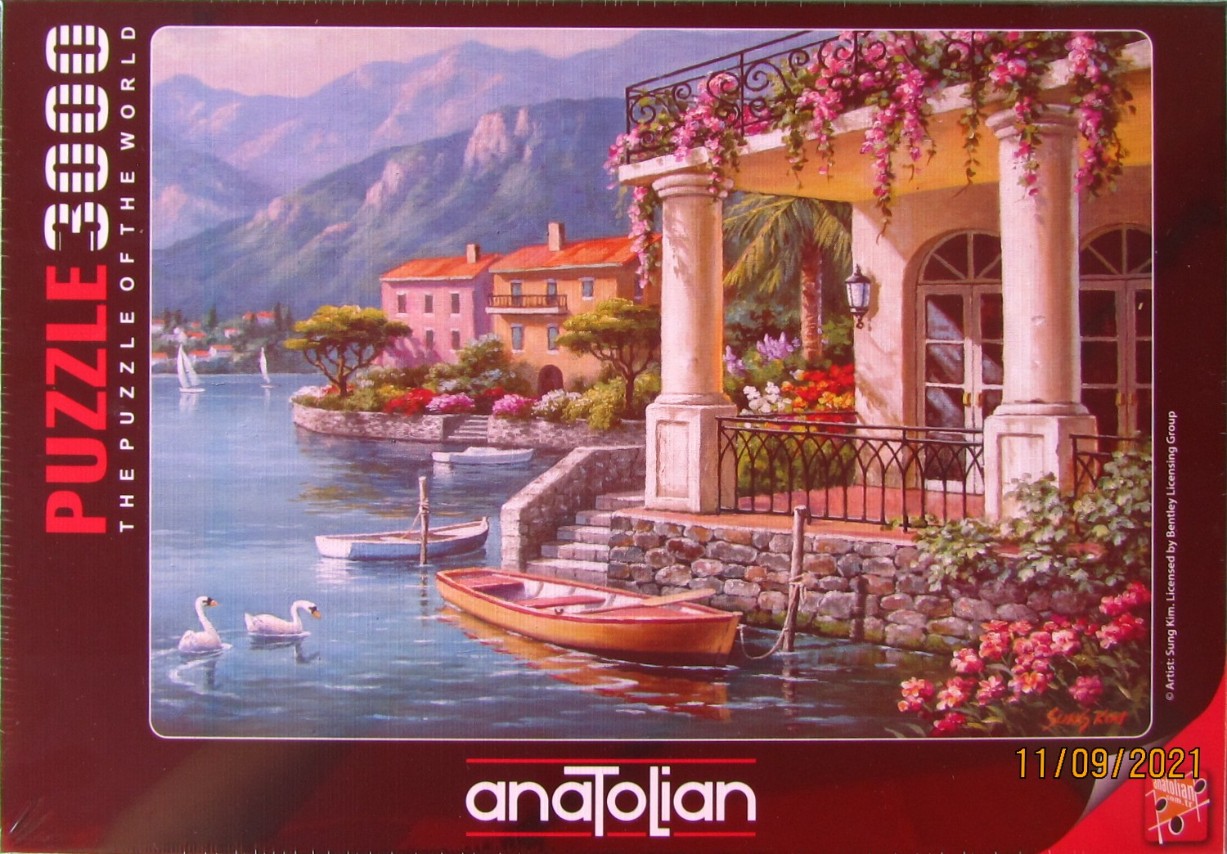 An oil painting of a Mediterranean villa on a lake with swans, boats, and flowering bougainvillea.