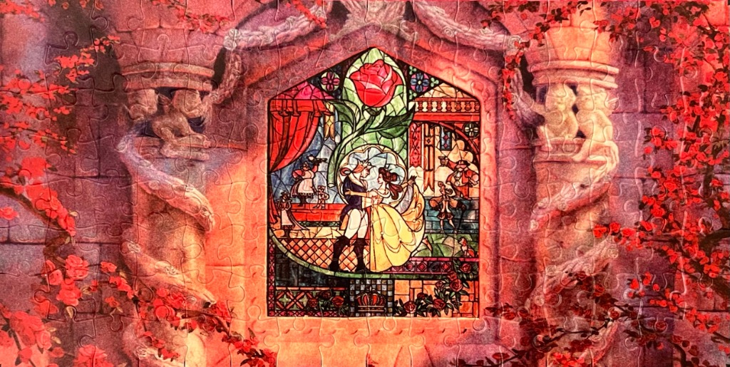 A stained-glass depiction of a ballroom scene between a man in a blue coat and a woman in a yellow ballgown.