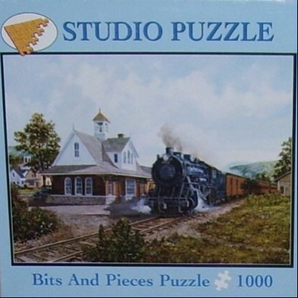 Oil painting of a vintage steam train pulling into a rural train station on a clear day.