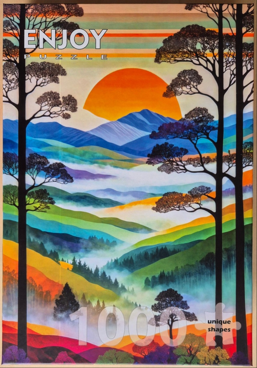 A stylized landscape illustration featuring a vibrant sunset over layered, colorful hills framed by tall pine trees.