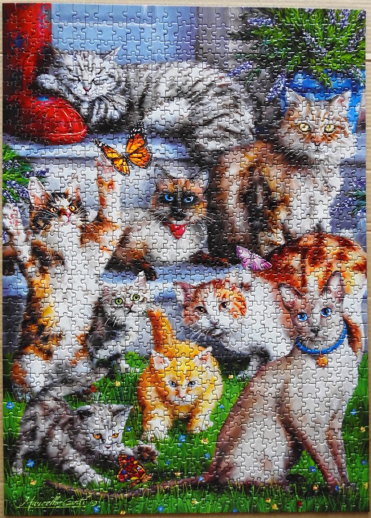 A colourful illustration featuring a group of playful kittens and cats interacting in a garden setting.